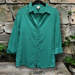 Armani Collezioni Teal Green 100% Linen 3/4 Sleeve Blouse Made in Italy Size 14
